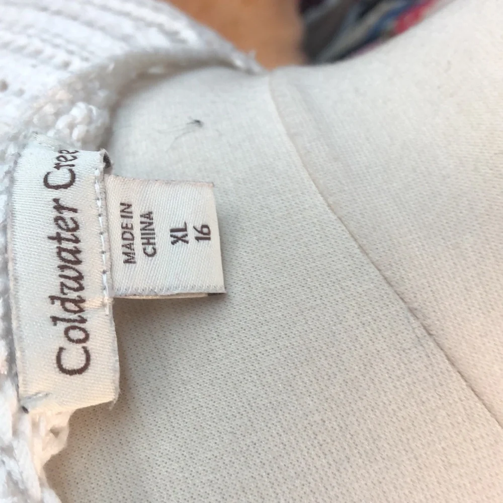 Coldwater Creek- crocheted cotton blend sweater - white w/grey ombre trim
